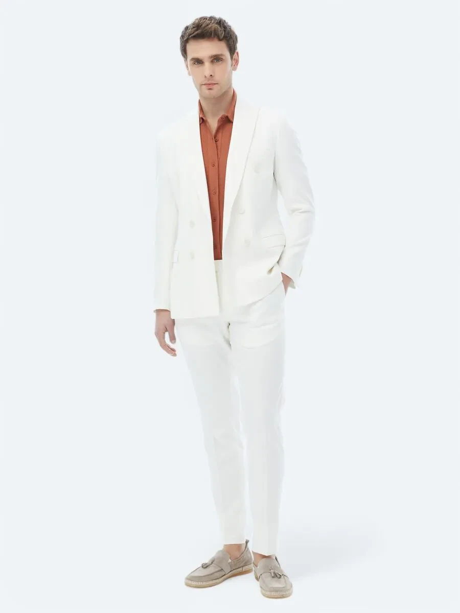 Ecru Plain Slim Fit Suit - 5