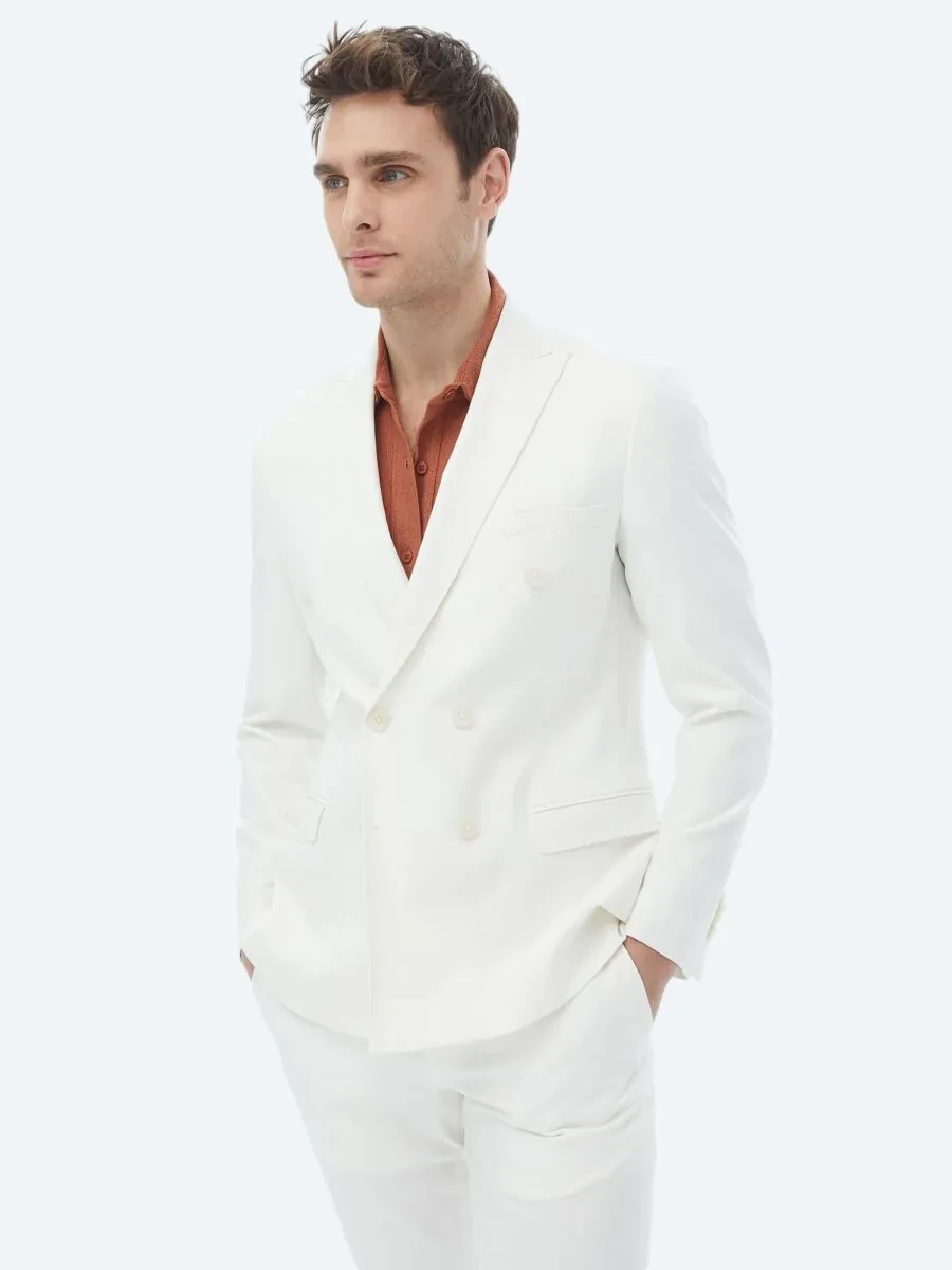 Ecru Plain Slim Fit Suit - 7
