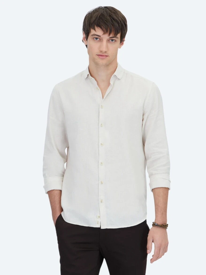 Ecru Plain Weaving Casual Cotton Blended Shirt - 1