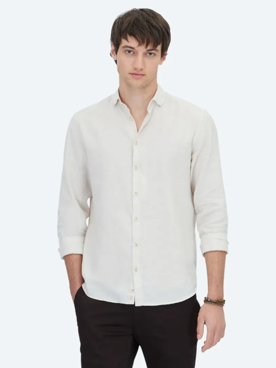 Ecru Plain Weaving Casual Cotton Blended Shirt - 1