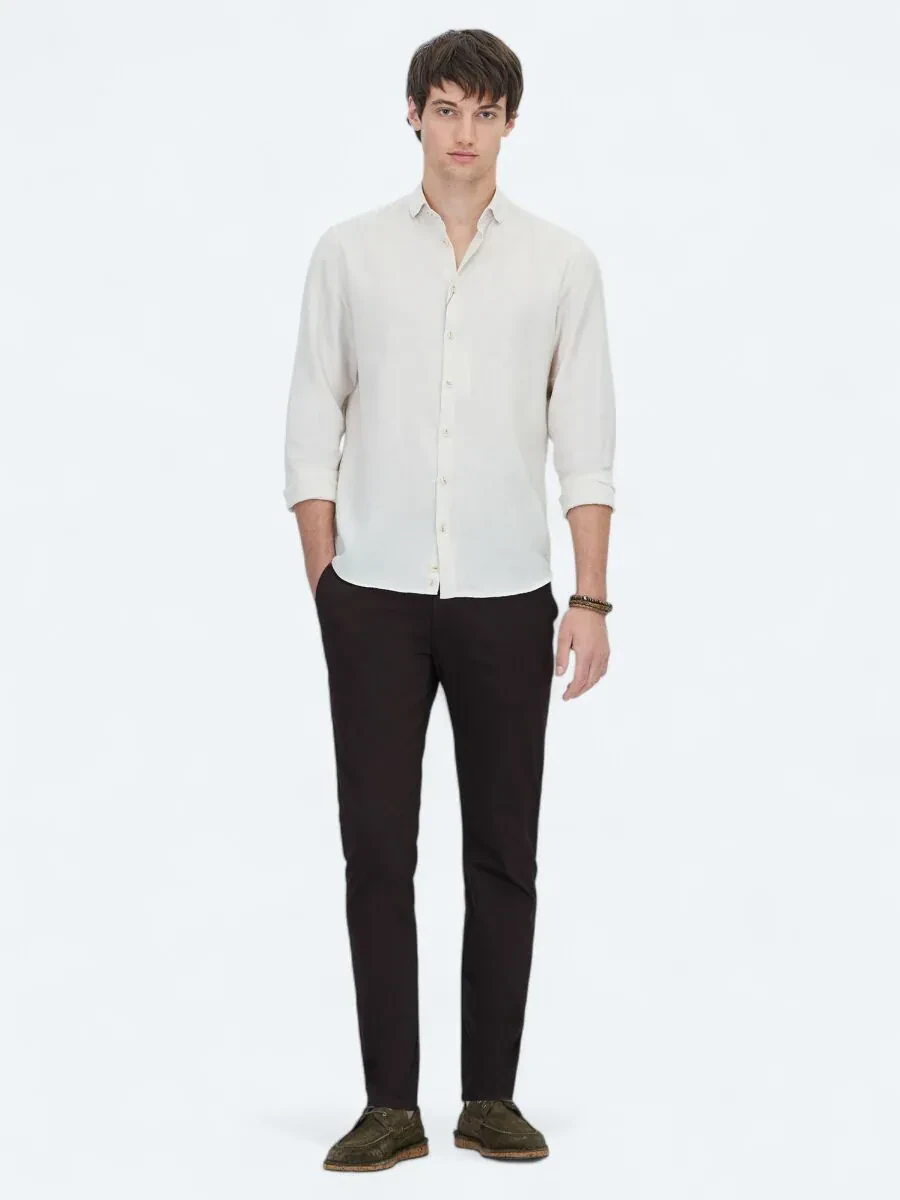 Ecru Plain Weaving Casual Cotton Blended Shirt - 2
