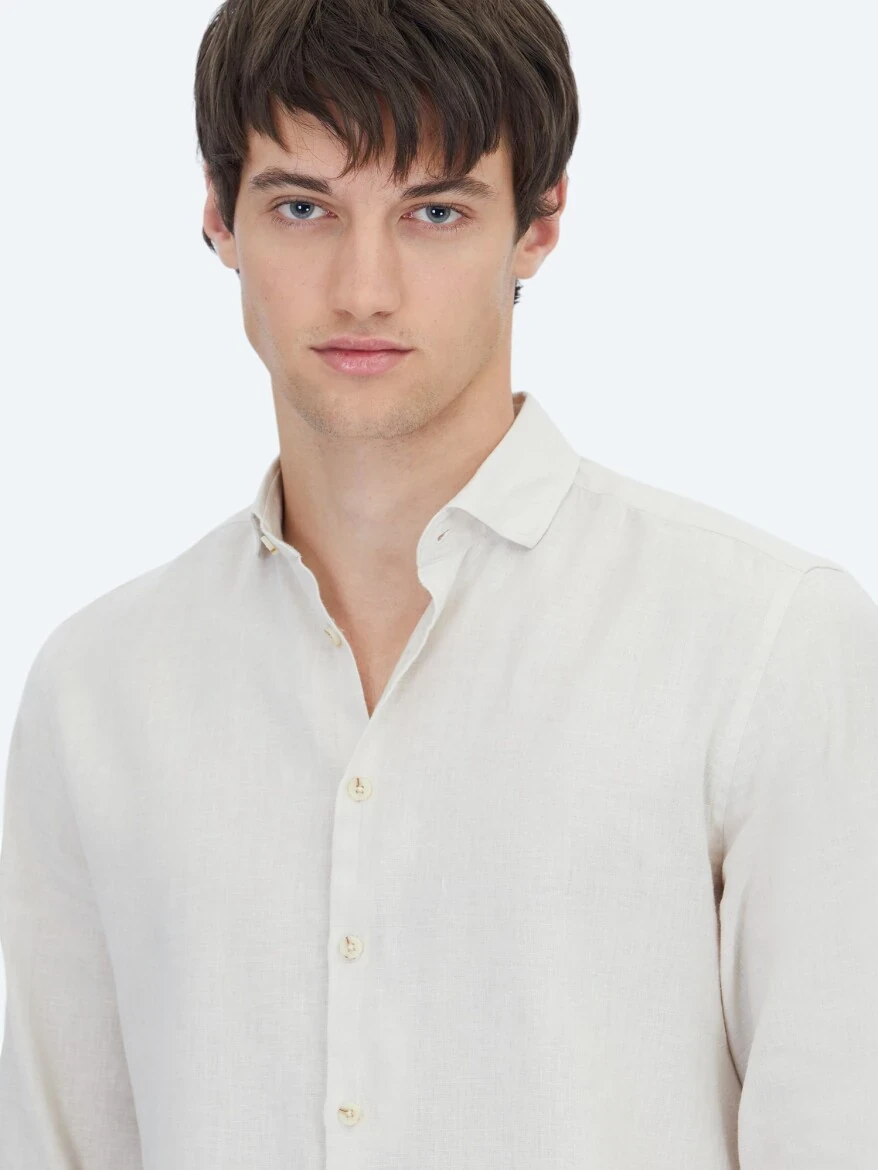 Ecru Plain Weaving Casual Cotton Blended Shirt - 3