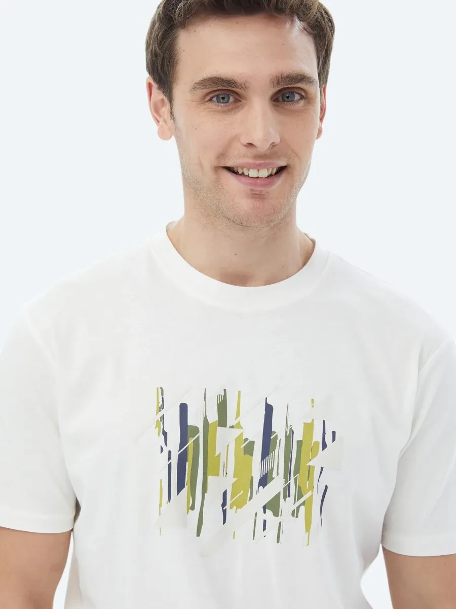 Ecru Printed Crew Neck 100% Cotton T-Shirt - 1