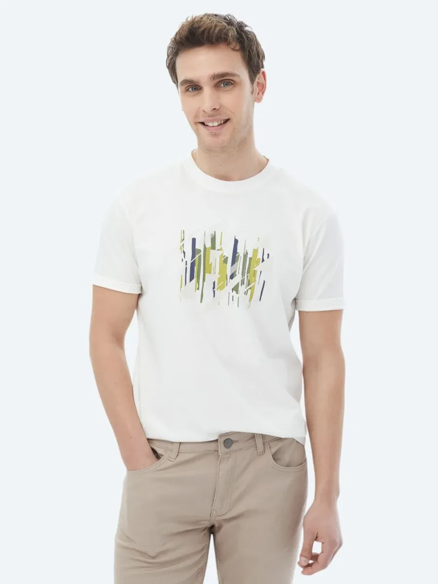 Ecru Printed Crew Neck 100% Cotton T-Shirt - 2