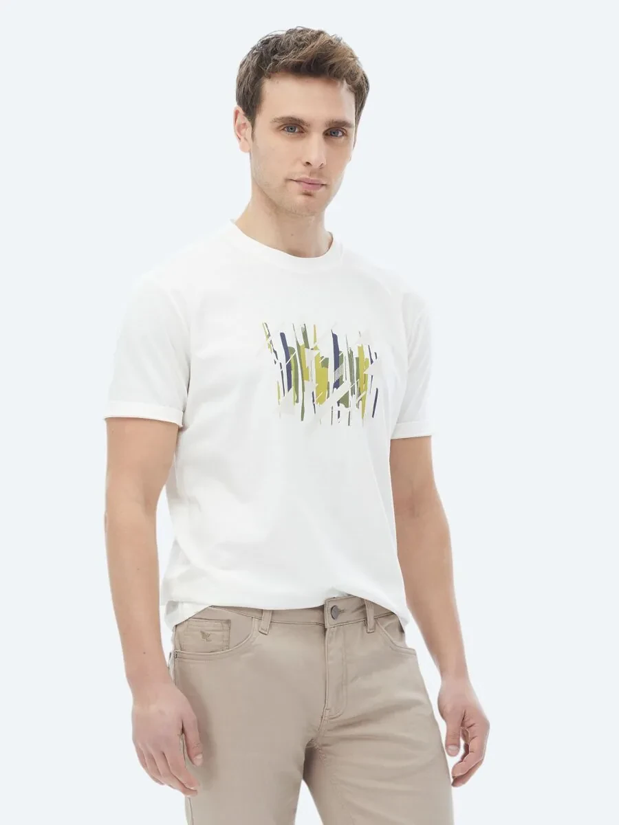 Ecru Printed Crew Neck 100% Cotton T-Shirt - 3