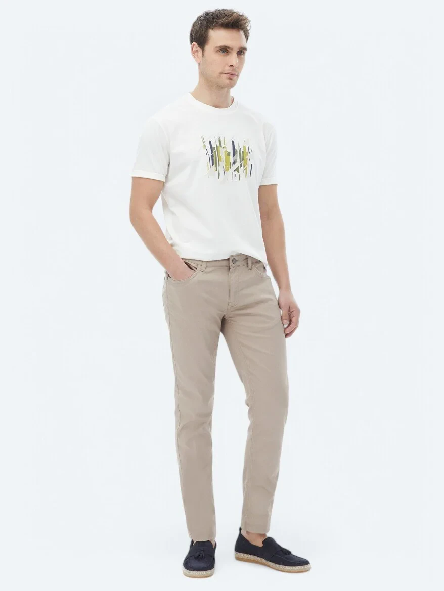Ecru Printed Crew Neck 100% Cotton T-Shirt 