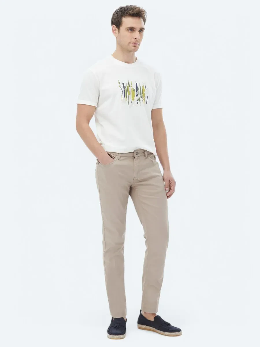 Ecru Printed Crew Neck 100% Cotton T-Shirt - 4