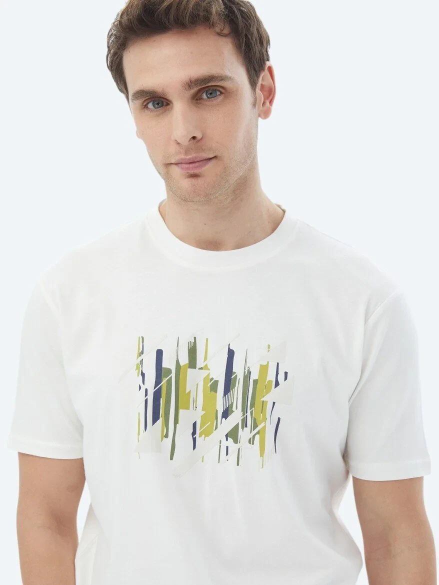 Ecru Printed Crew Neck 100% Cotton T-Shirt - 5
