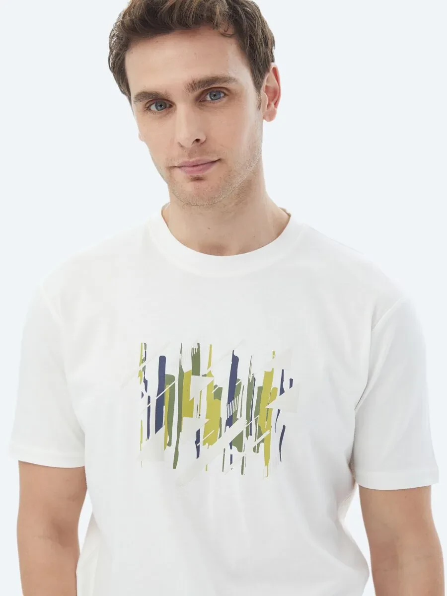 Ecru Printed Crew Neck 100% Cotton T-Shirt - 5