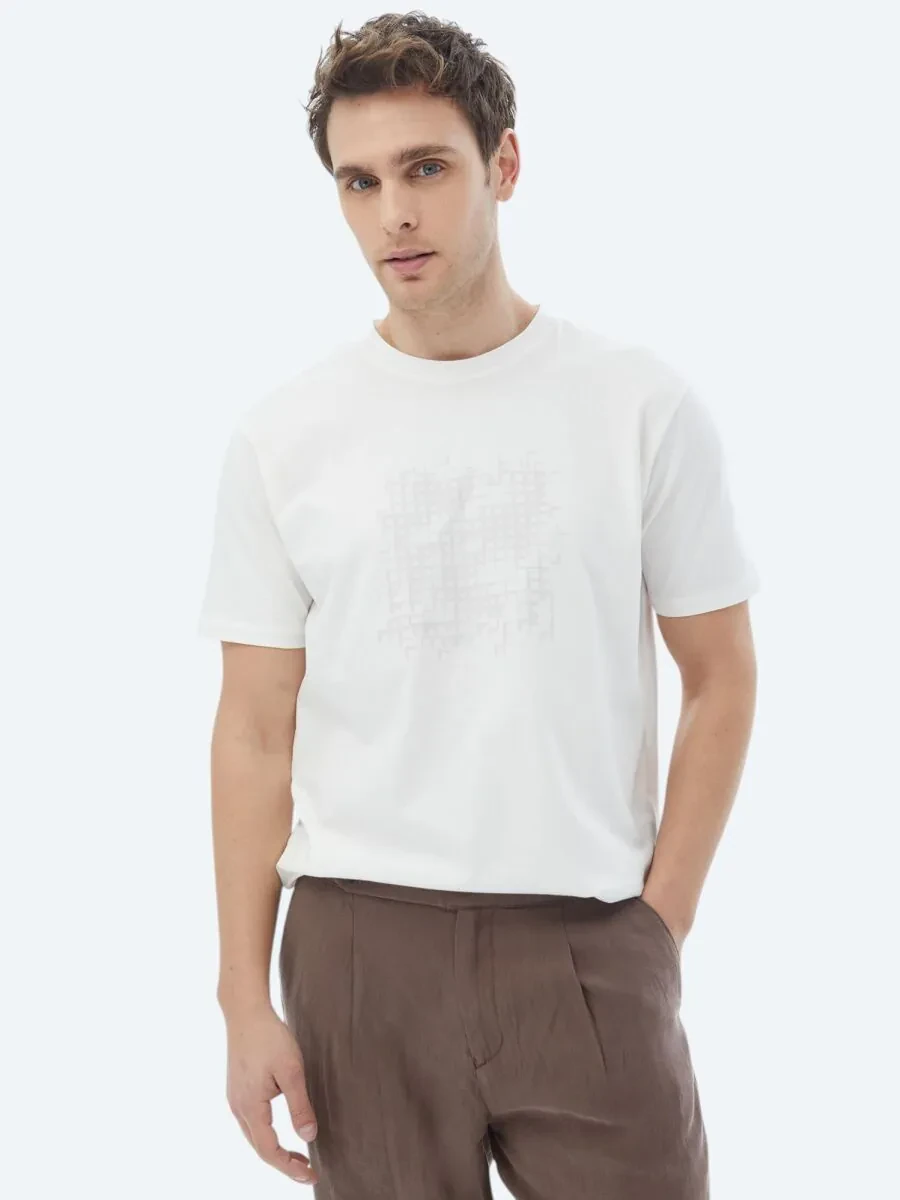 Ecru Printed Crew Neck 100% Cotton T-Shirt - 1