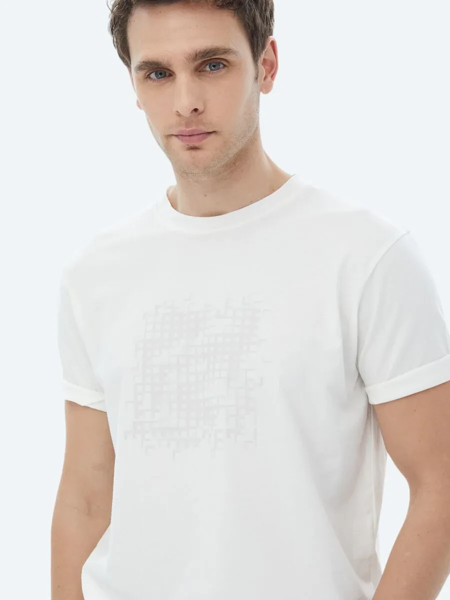 Ecru Printed Crew Neck 100% Cotton T-Shirt - 3