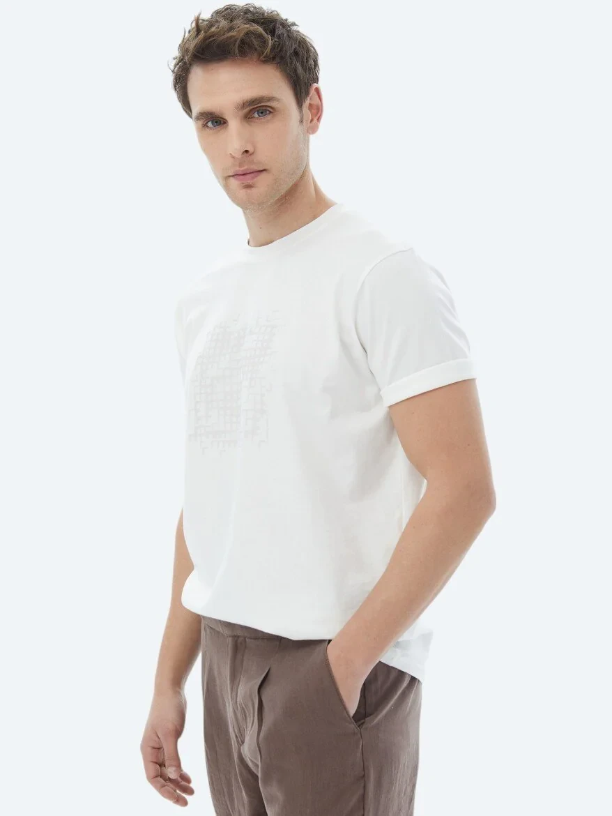 Ecru Printed Crew Neck 100% Cotton T-Shirt 
