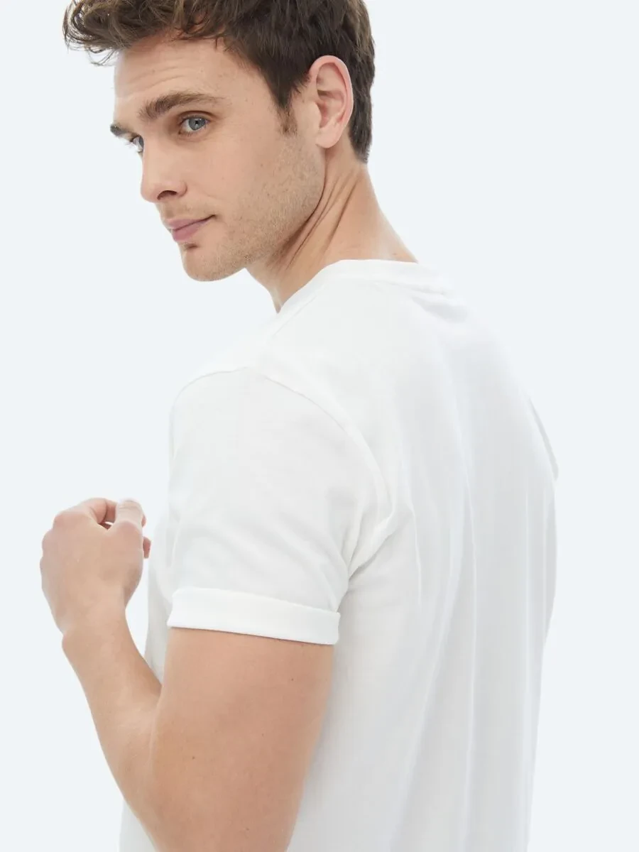 Ecru Printed Crew Neck 100% Cotton T-Shirt - 5