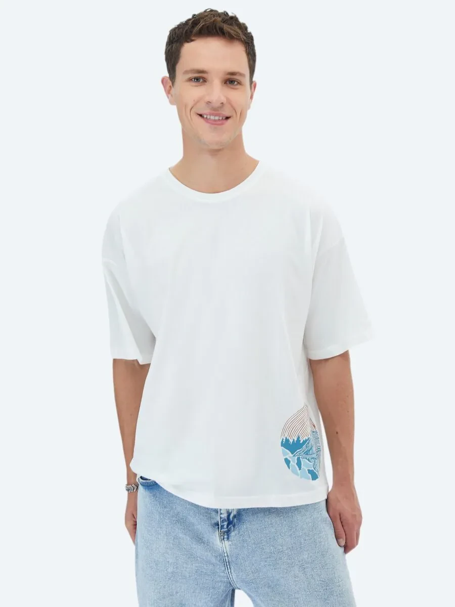 Ecru Printed Crew Neck 100% Cotton T-Shirt - 1