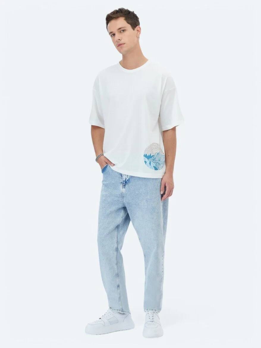 Ecru Printed Crew Neck 100% Cotton T-Shirt - 2