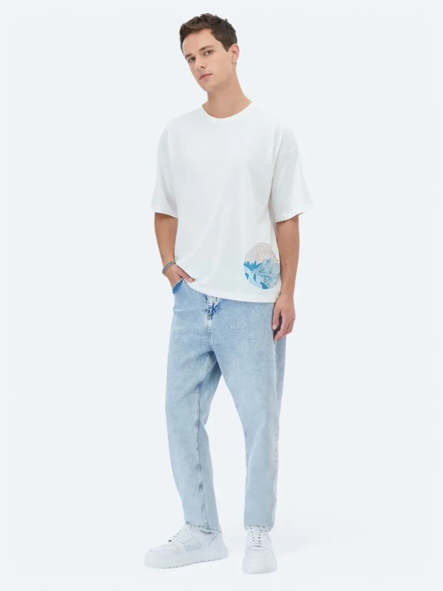 Ecru Printed Crew Neck 100% Cotton T-Shirt - 2