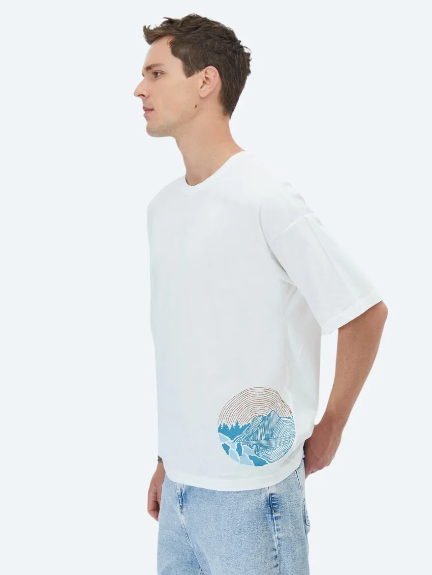 Ecru Printed Crew Neck 100% Cotton T-Shirt - 3