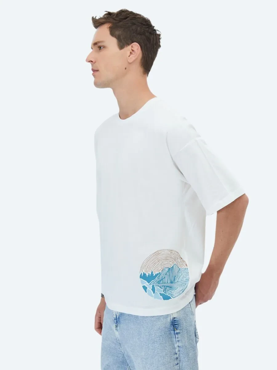 Ecru Printed Crew Neck 100% Cotton T-Shirt - 3
