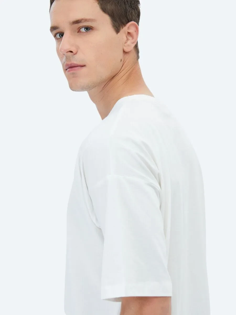 Ecru Printed Crew Neck 100% Cotton T-Shirt - 5