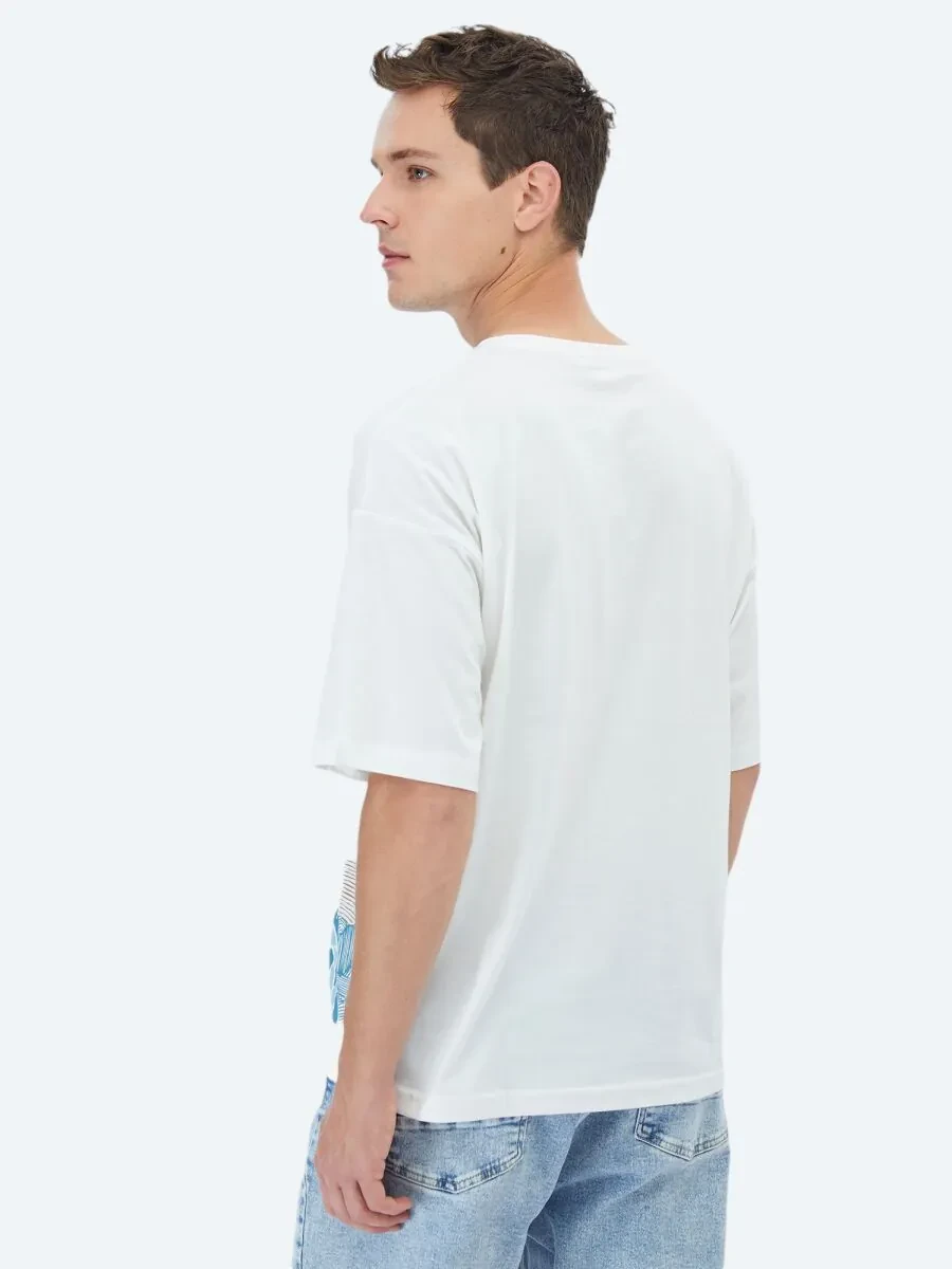 Ecru Printed Crew Neck 100% Cotton T-Shirt - 6