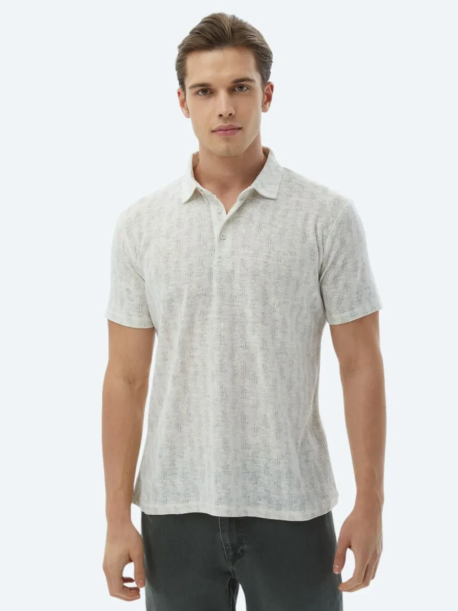 Ecru Printed Polo Neck Cotton Blended T-Shirt - 1