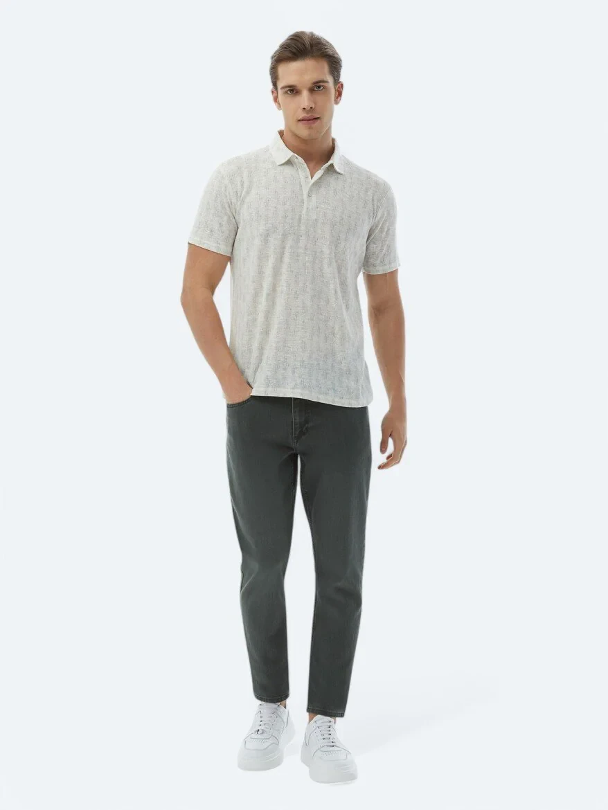 Ecru Printed Polo Neck Cotton Blended T-Shirt - 2