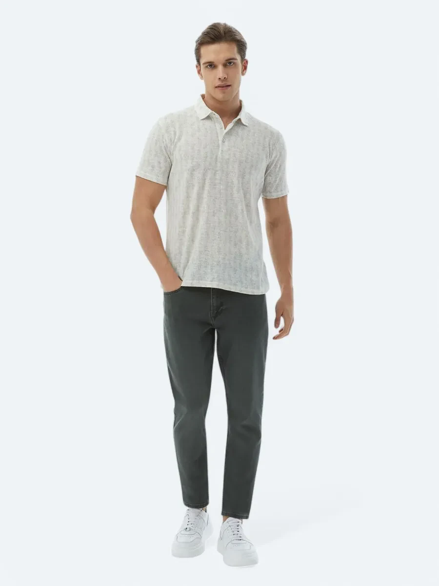 Ecru Printed Polo Neck Cotton Blended T-Shirt - 2