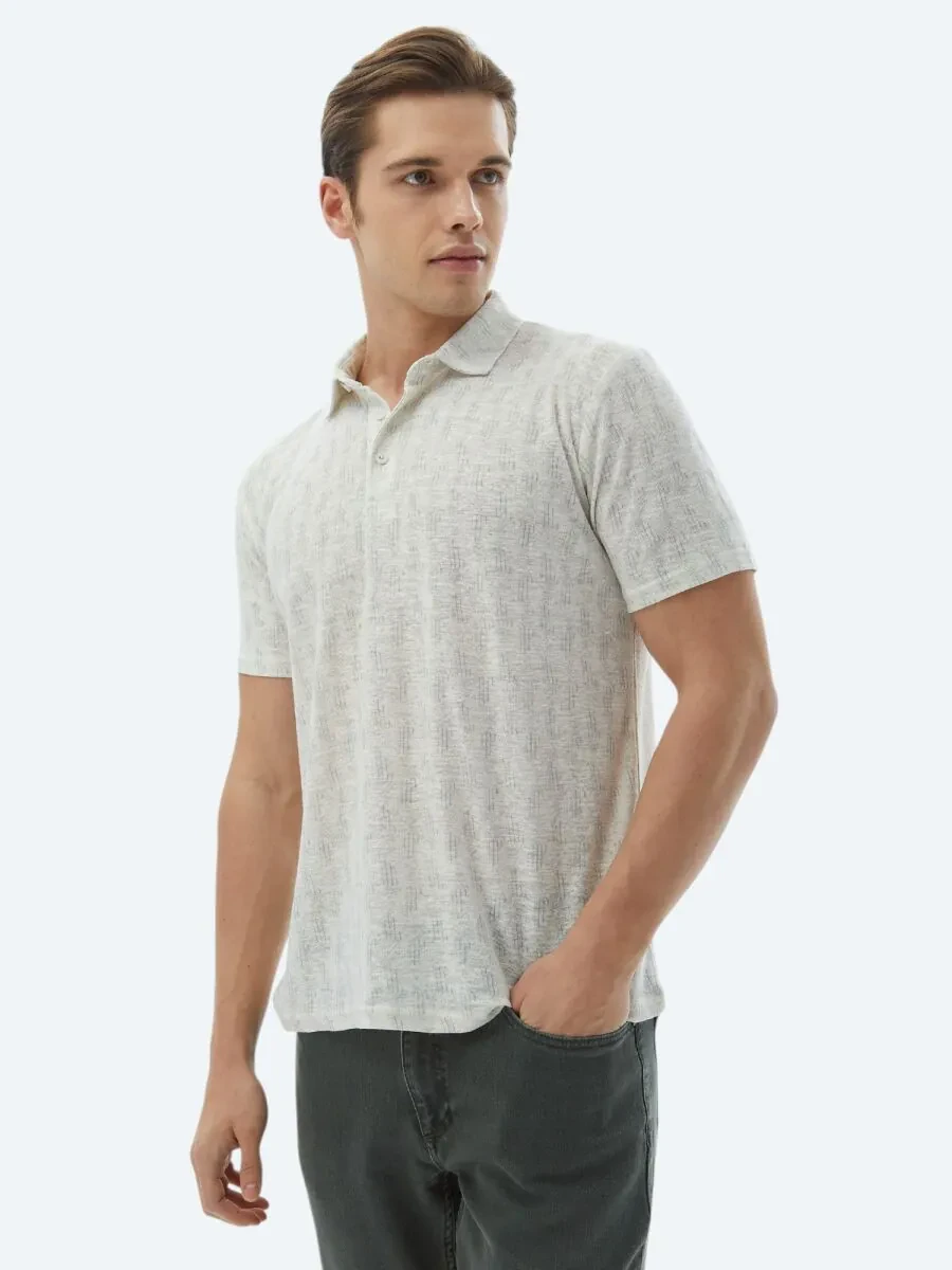 Ecru Printed Polo Neck Cotton Blended T-Shirt - 3