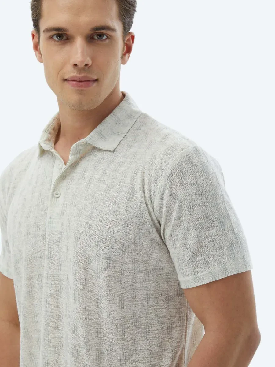 Ecru Printed Polo Neck Cotton Blended T-Shirt - 4