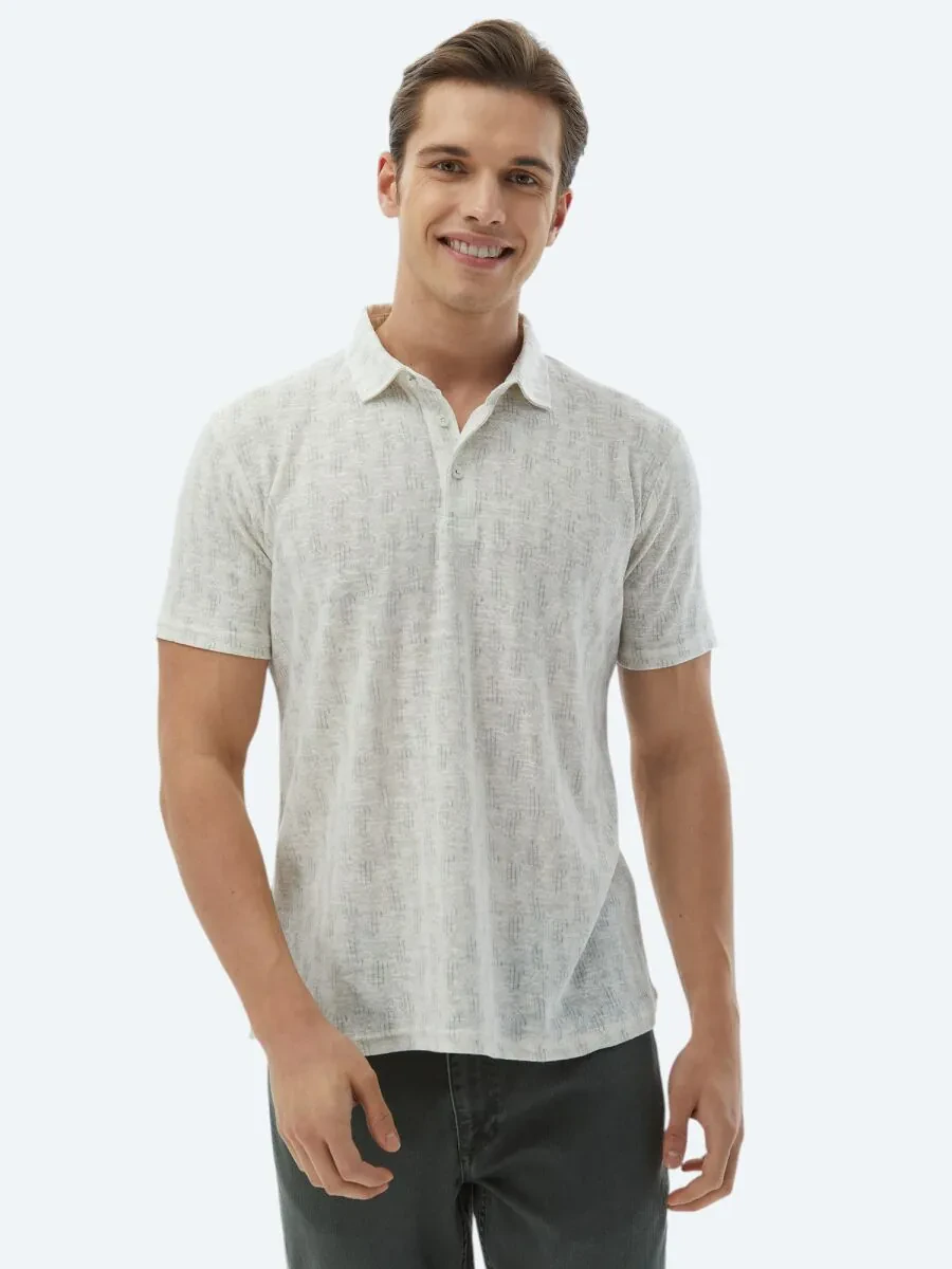 Ecru Printed Polo Neck Cotton Blended T-Shirt - 5