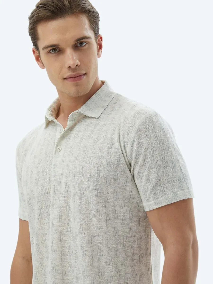 Ecru Printed Polo Neck Cotton Blended T-Shirt - 6