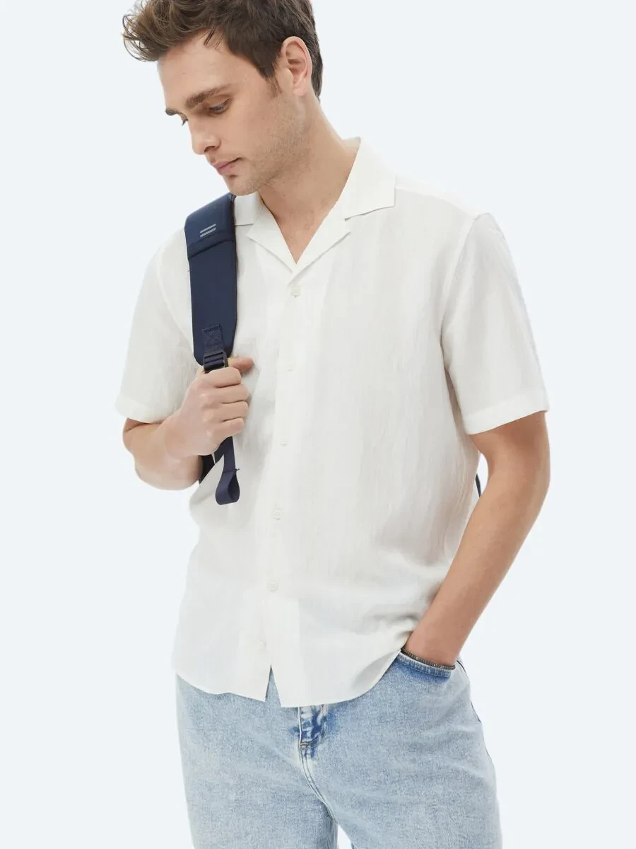 Ecru Regular Fit Weaving Classical Linen Blended Shirt - 4