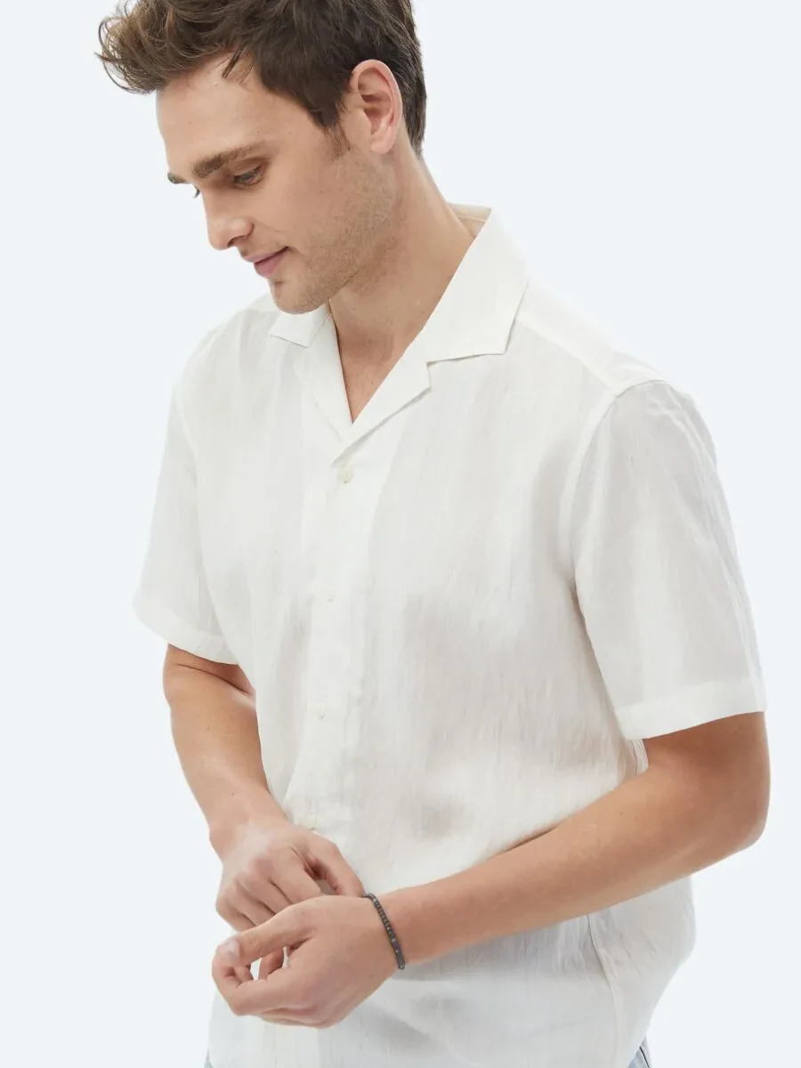 Ecru Regular Fit Weaving Classical Linen Blended Shirt - 5