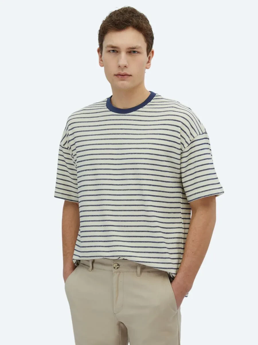 Ecru Striped Crew Neck 100% Cotton T-Shirt - 1