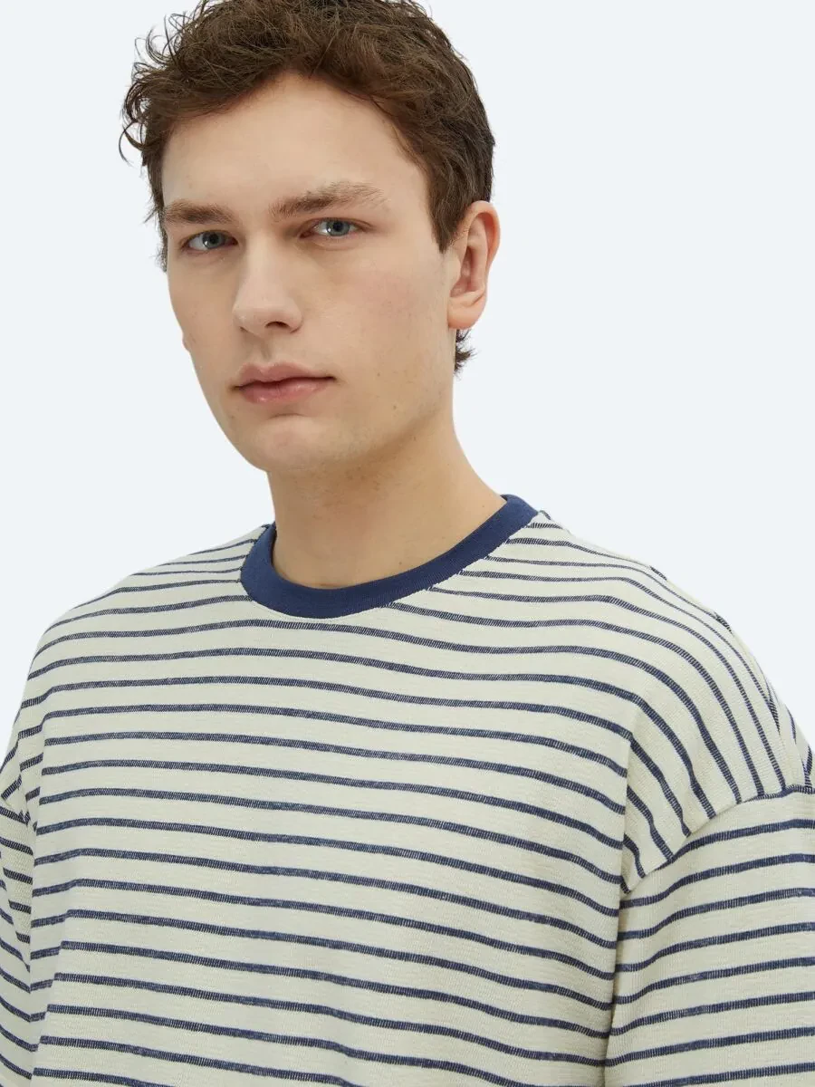 Ecru Striped Crew Neck 100% Cotton T-Shirt - 3