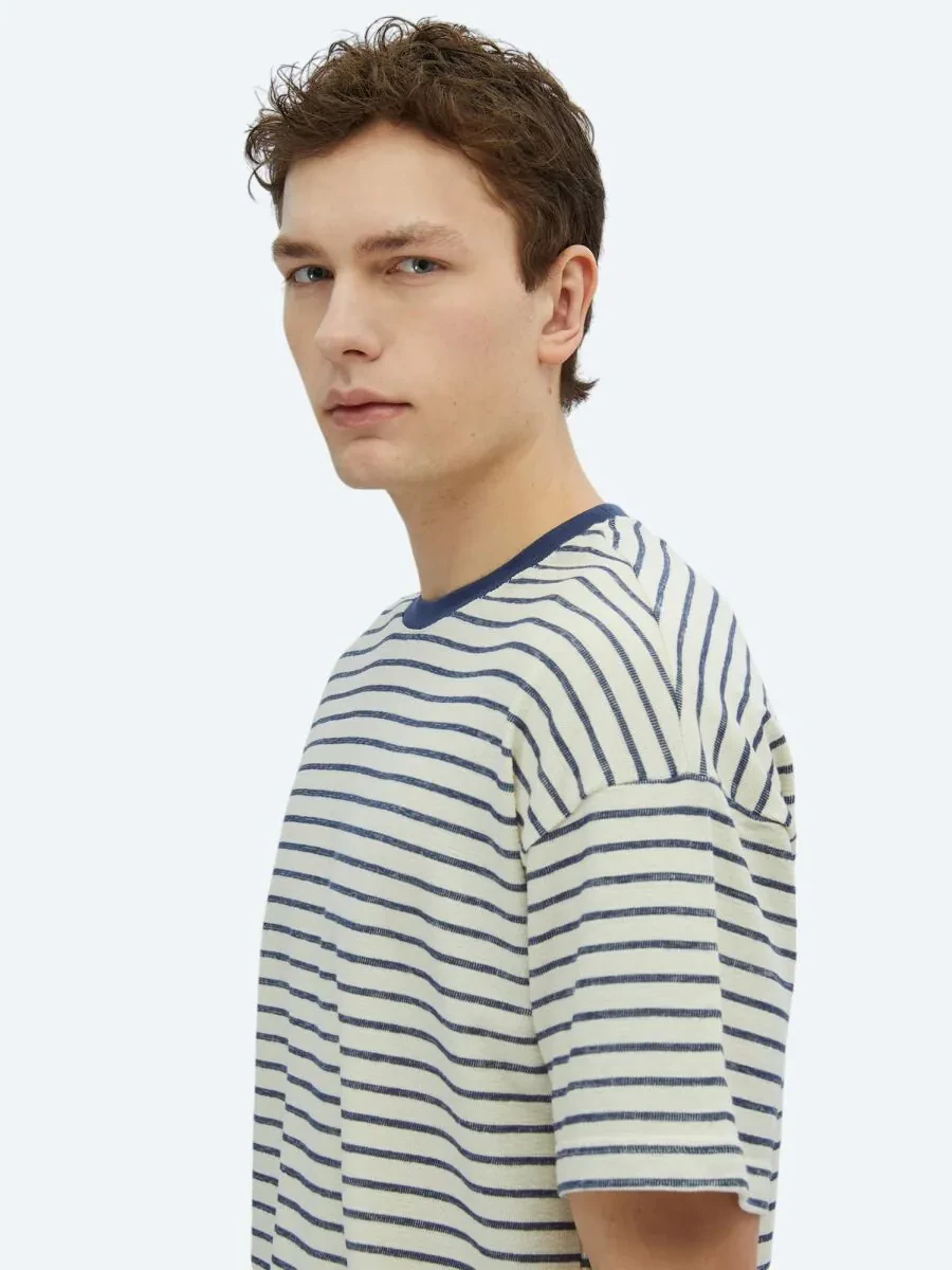 Ecru Striped Crew Neck 100% Cotton T-Shirt - 4