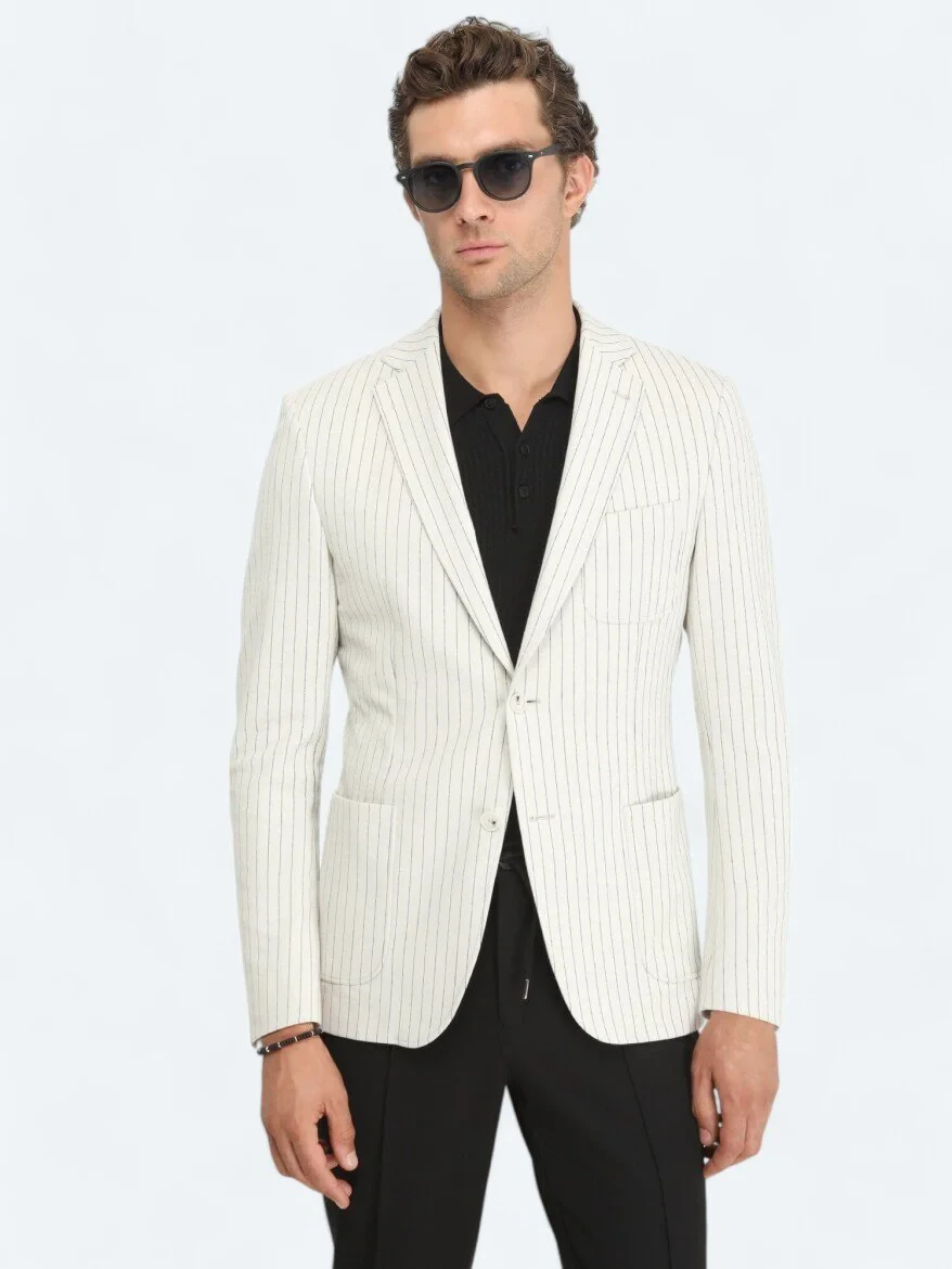Ecru Striped Modern Fit Cotton Blended Jacket - 1