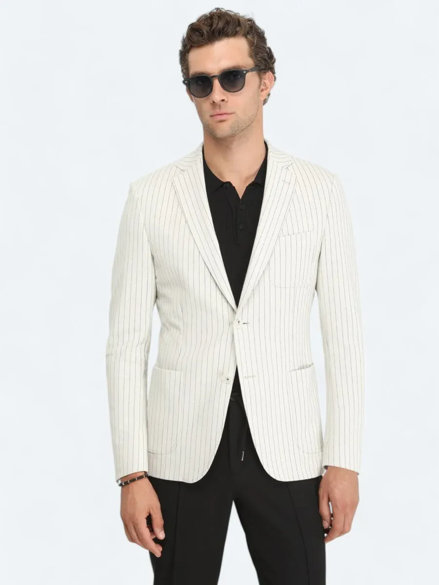 Ecru Striped Modern Fit Cotton Blended Jacket - 1
