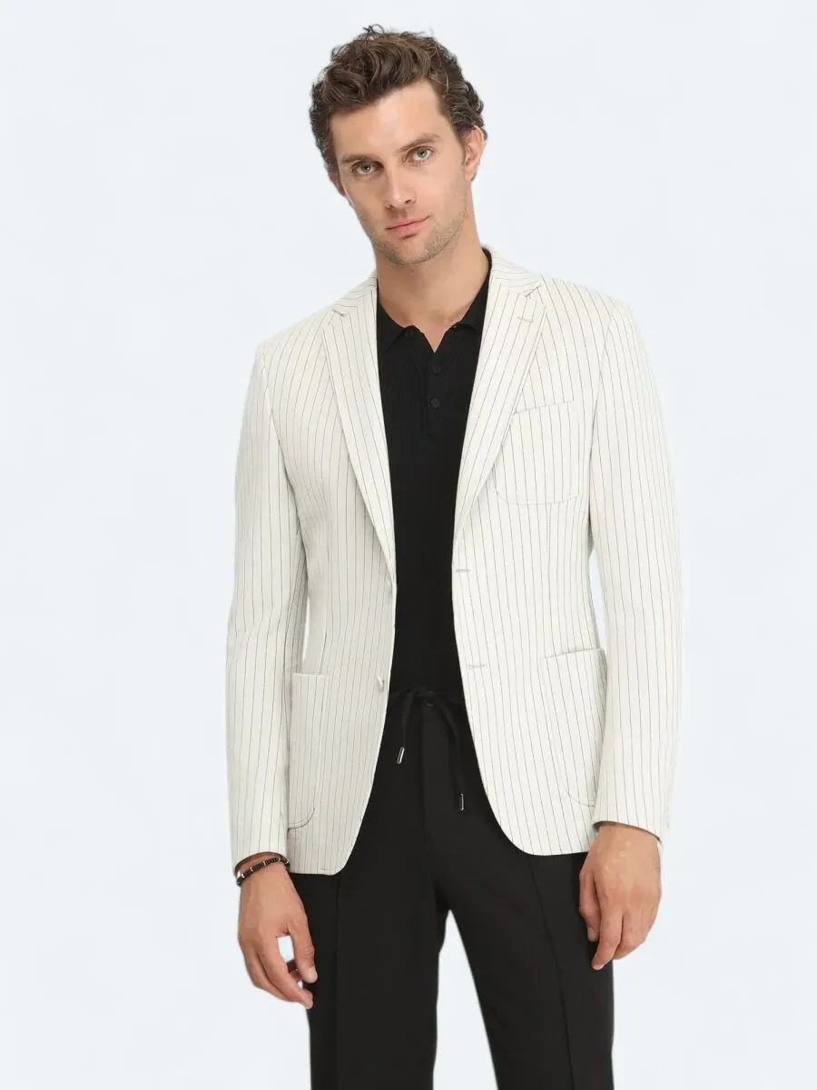 Ecru Striped Modern Fit Cotton Blended Jacket - 2