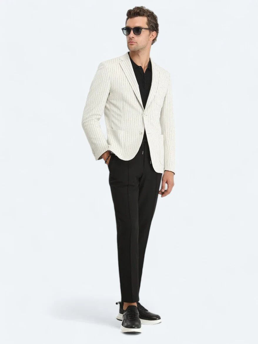 Ecru Striped Modern Fit Cotton Blended Jacket - 3