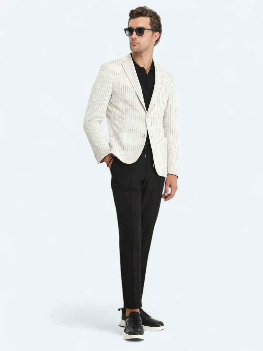Ecru Striped Modern Fit Cotton Blended Jacket - 3