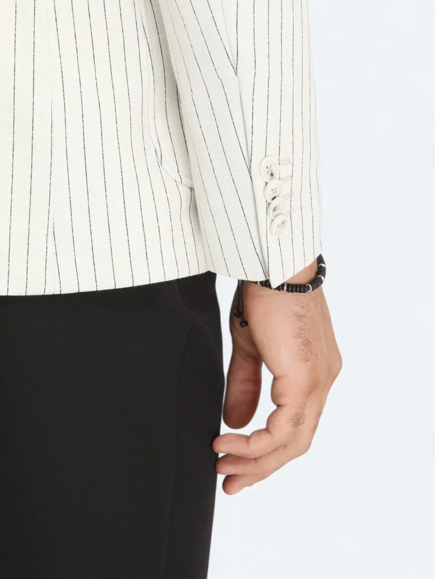 Ecru Striped Modern Fit Cotton Blended Jacket - 6