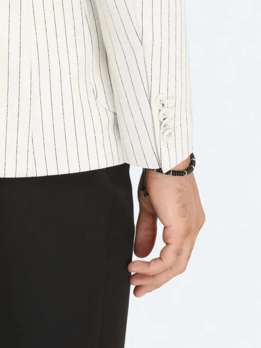 Ecru Striped Modern Fit Cotton Blended Jacket - 6
