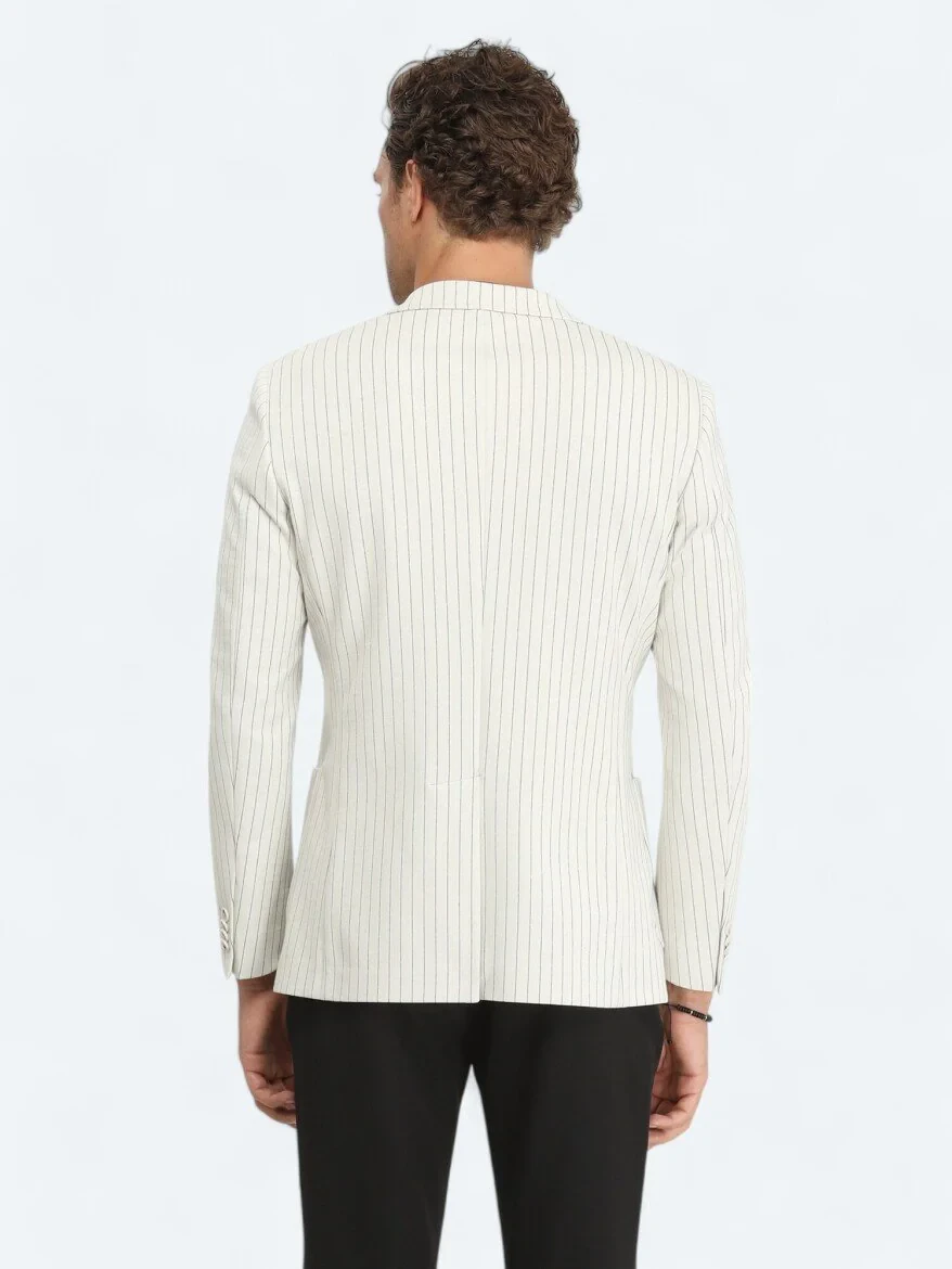 Ecru Striped Modern Fit Cotton Blended Jacket - 7