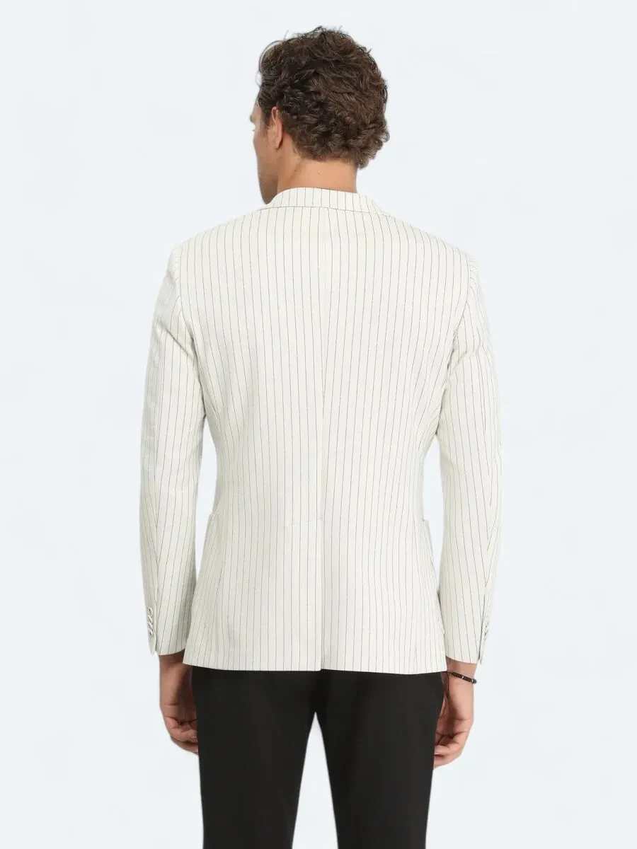Ecru Striped Modern Fit Cotton Blended Jacket - 7