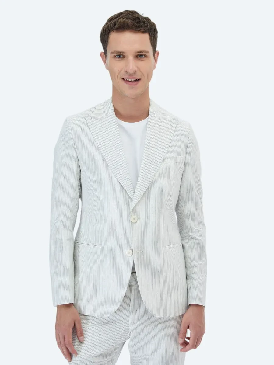 Ecru Striped Slim Fit Cotton Blended Suit - 1