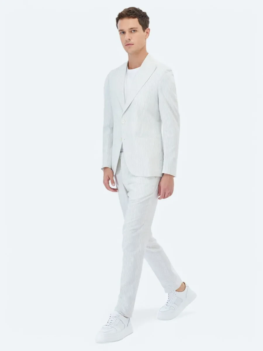 Ecru Striped Slim Fit Cotton Blended Suit - 2