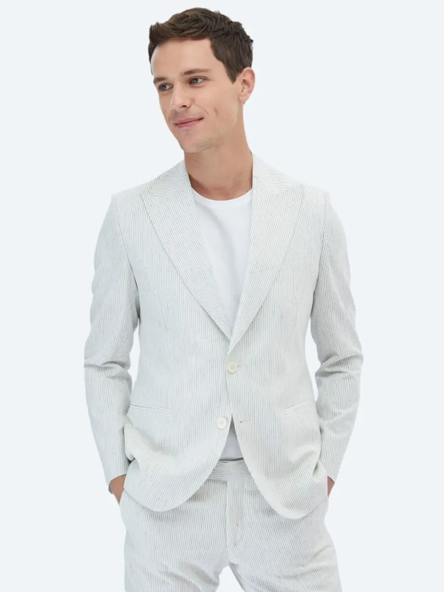 Ecru Striped Slim Fit Cotton Blended Suit - 3