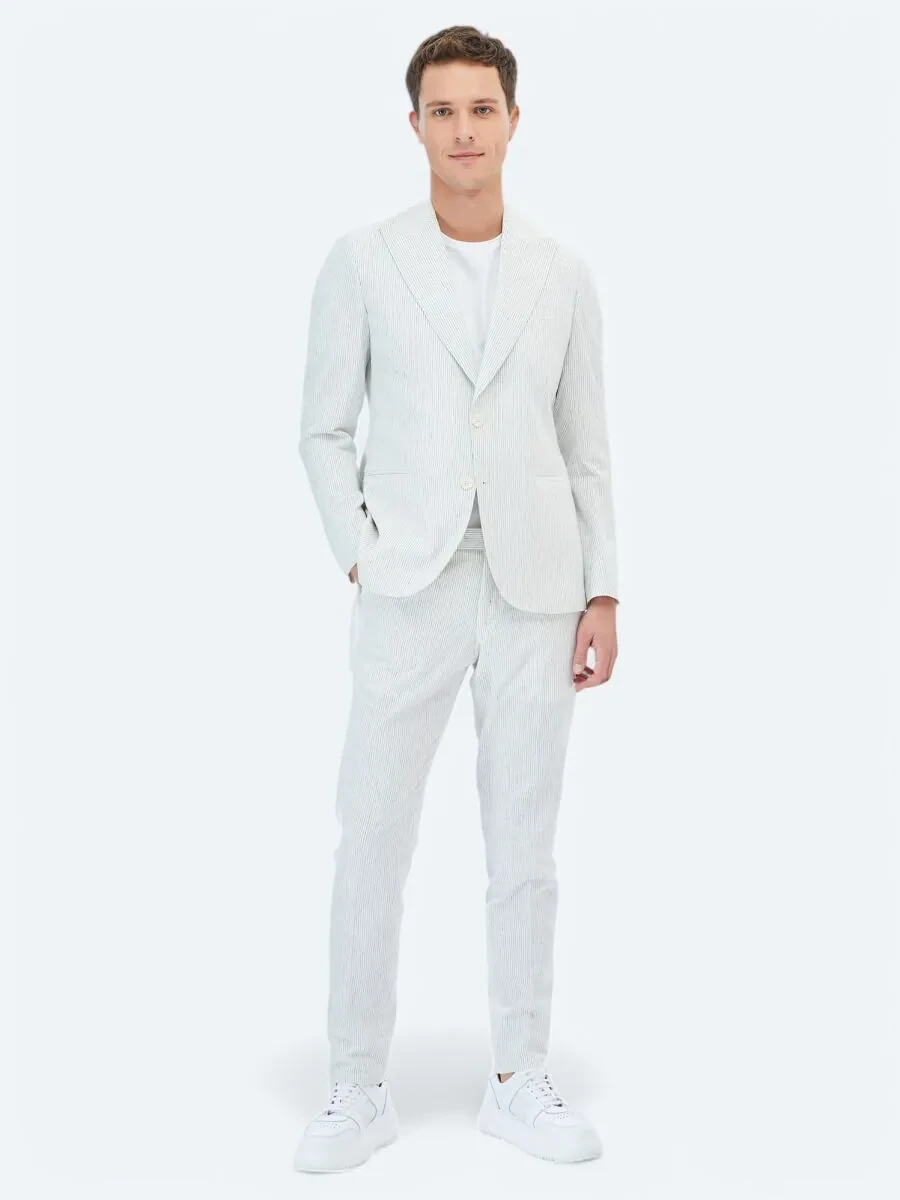 Ecru Striped Slim Fit Cotton Blended Suit - 4