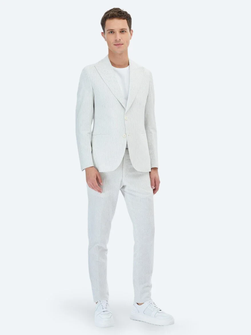 Ecru Striped Slim Fit Cotton Blended Suit - 5